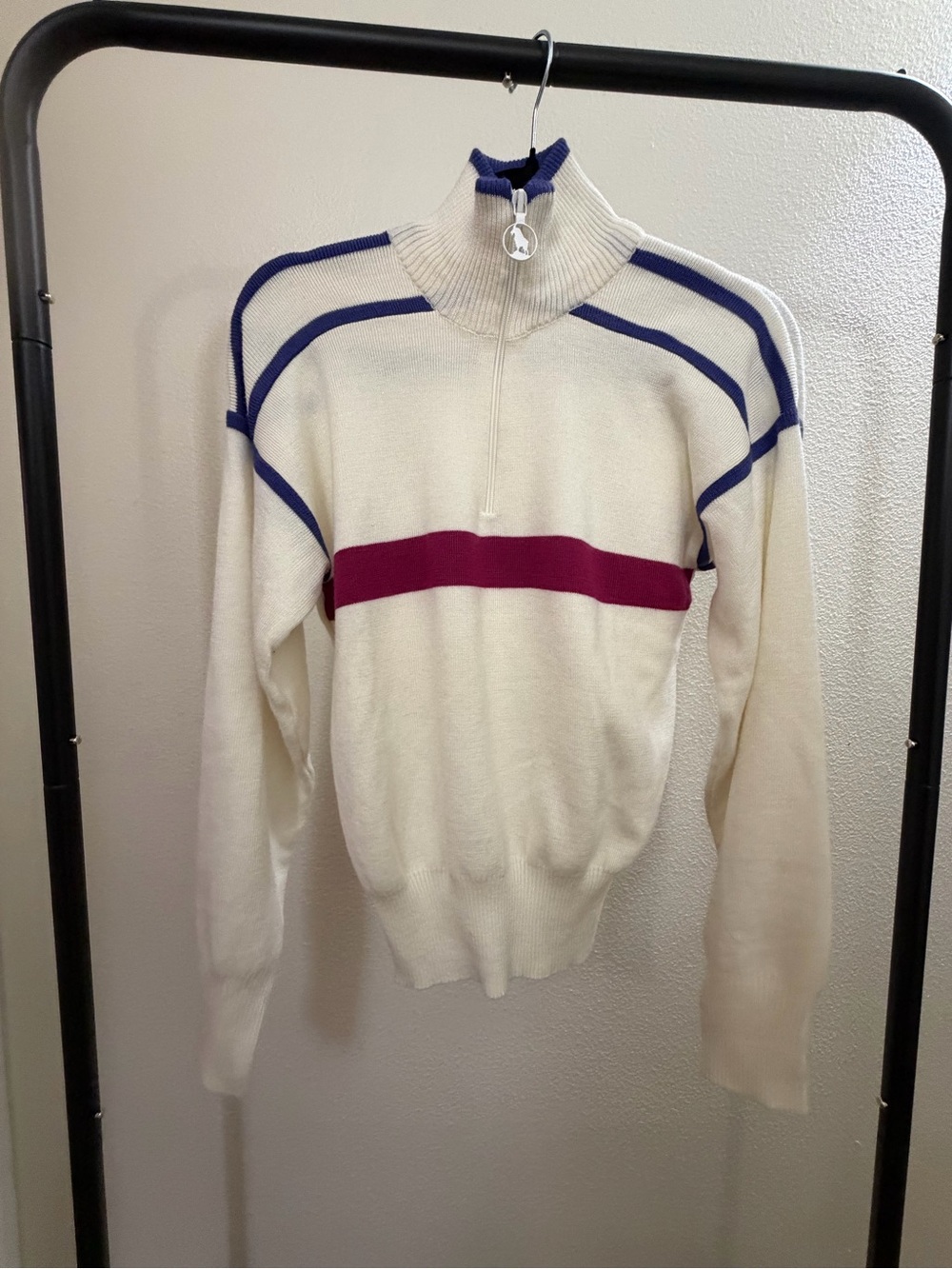 Woman’s Cream Half-Zip Sweater with Blue and Burgundy Stripes